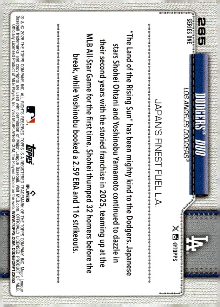 2026 Topps #265 Dodgers Duo (Shohei Ohtani / Yoshinobu Yamamoto)